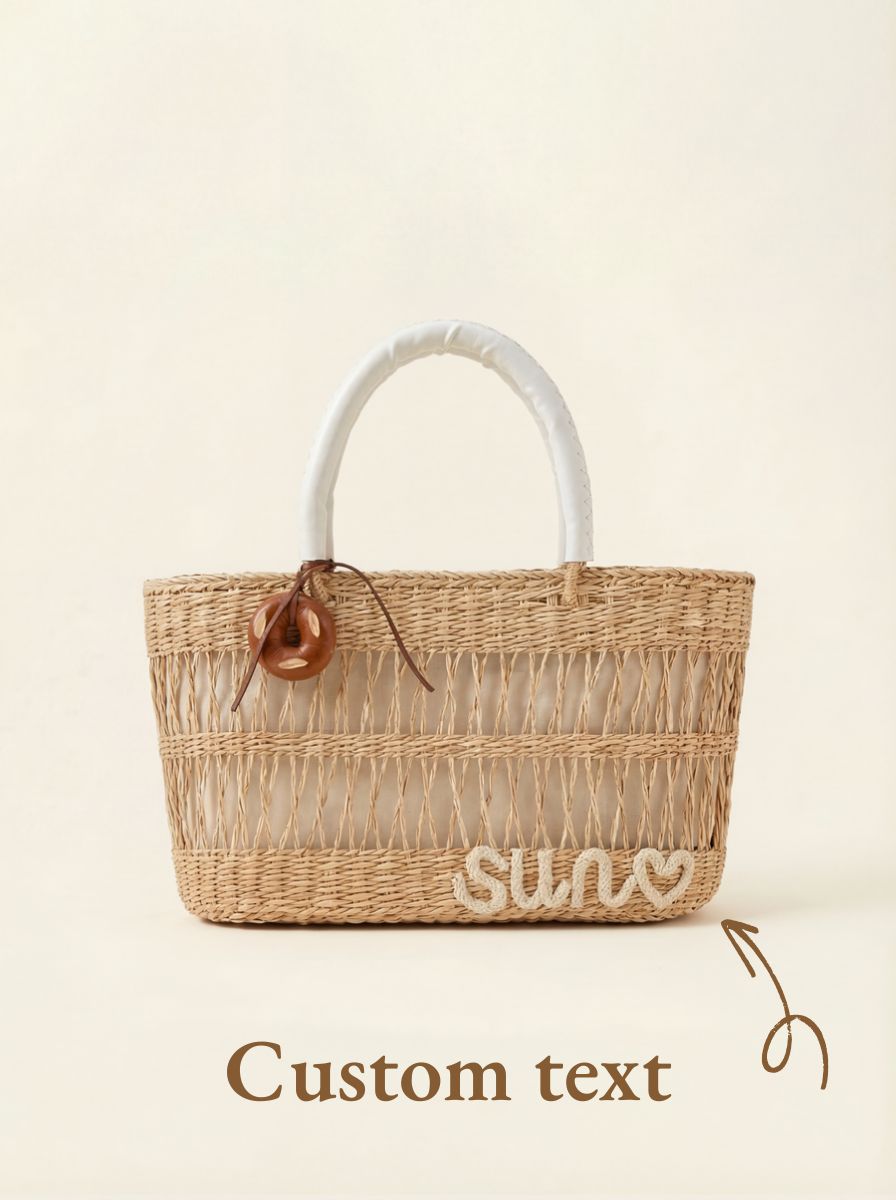  Custom Cream Toast Straw Vacation Beach Bag