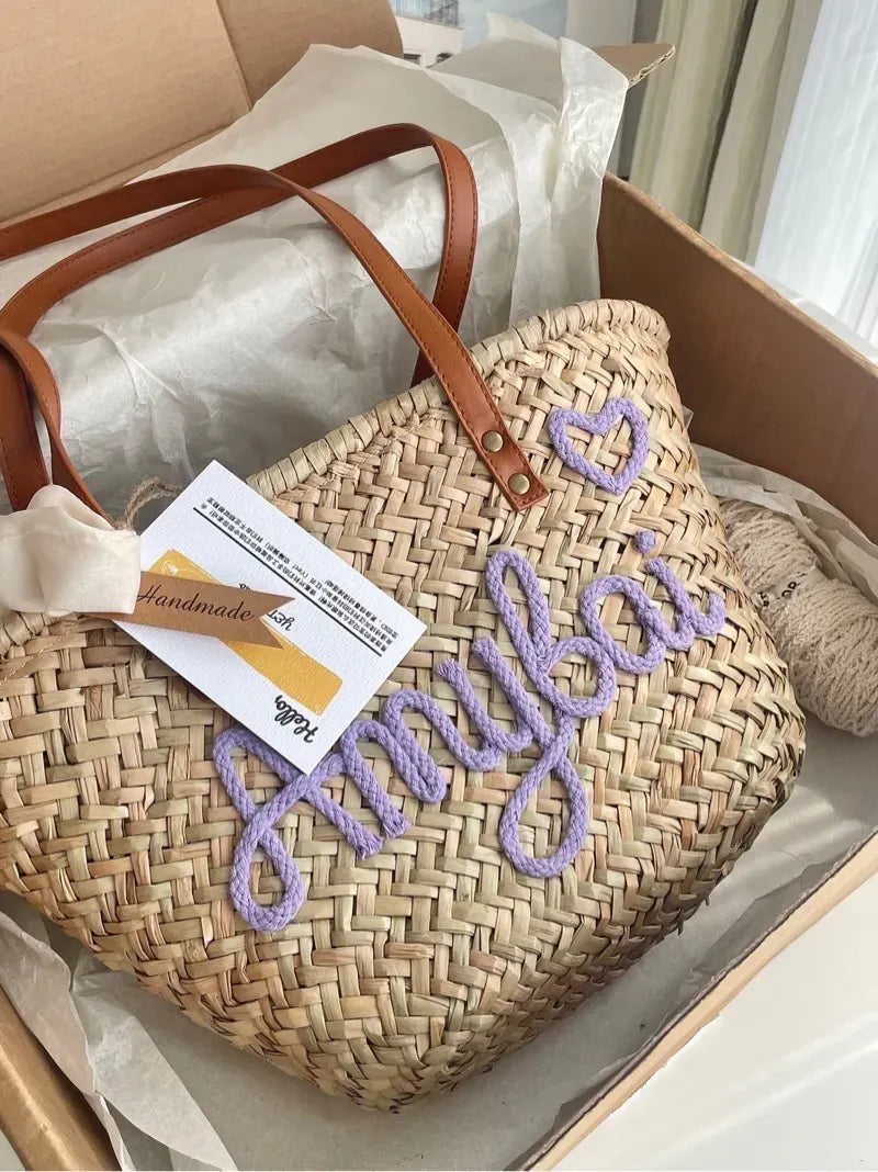 Custom Name Leather Shoulder Strap Straw Tote Bag