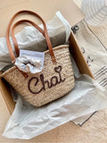 Custom Leather Shoulder Strap Straw Tote Bag