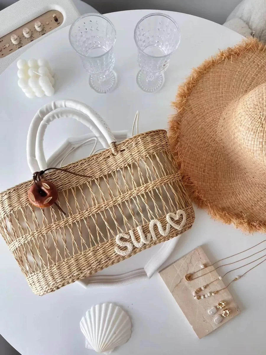Cream Toast Straw Vacation Beach Bag - STRAWAURA